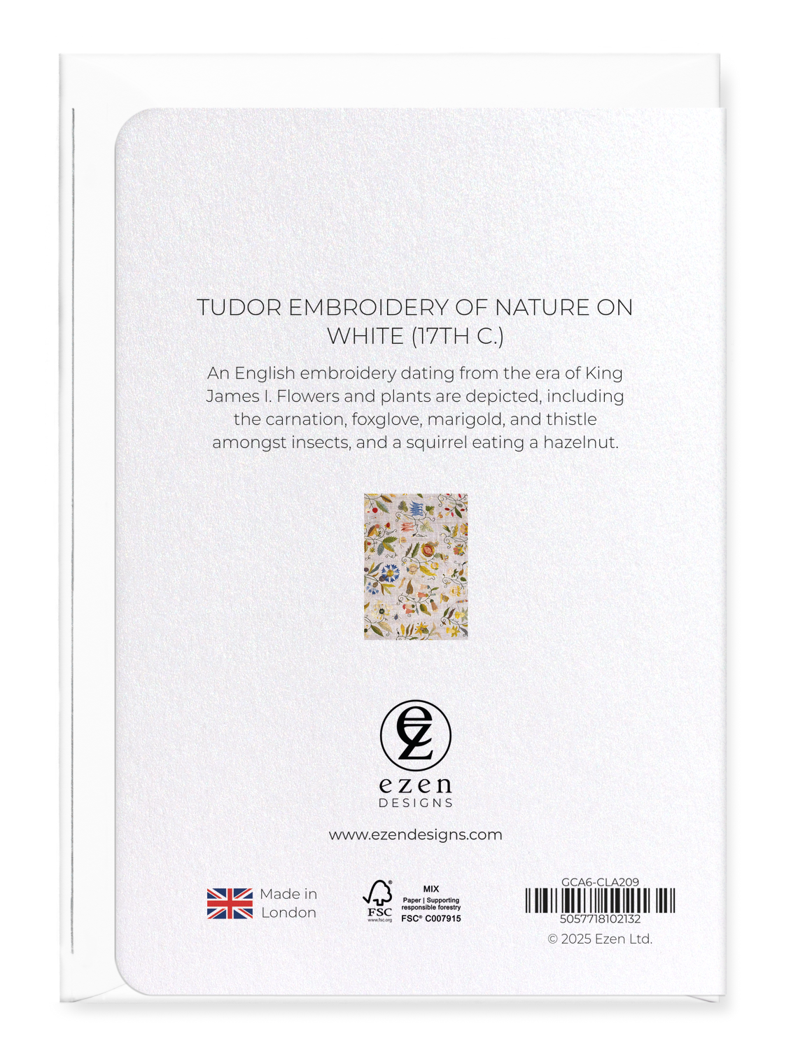 Ezen Designs - Tudor Embroidery of Nature on White (17th C.) - Greeting Card - Back