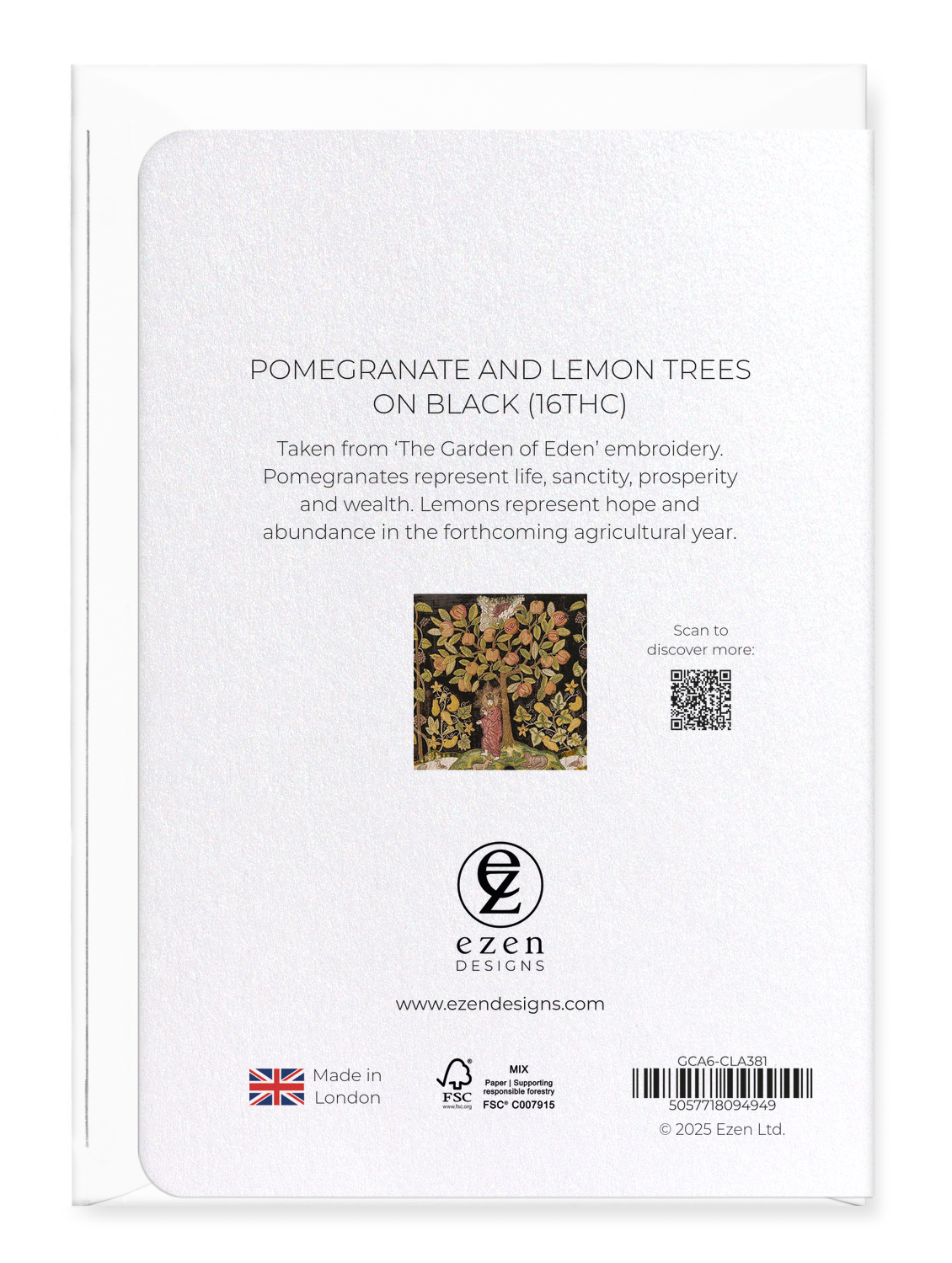 Ezen Designs - Pomegranate and Lemon Trees on black (16thC) - Greeting Card - Back