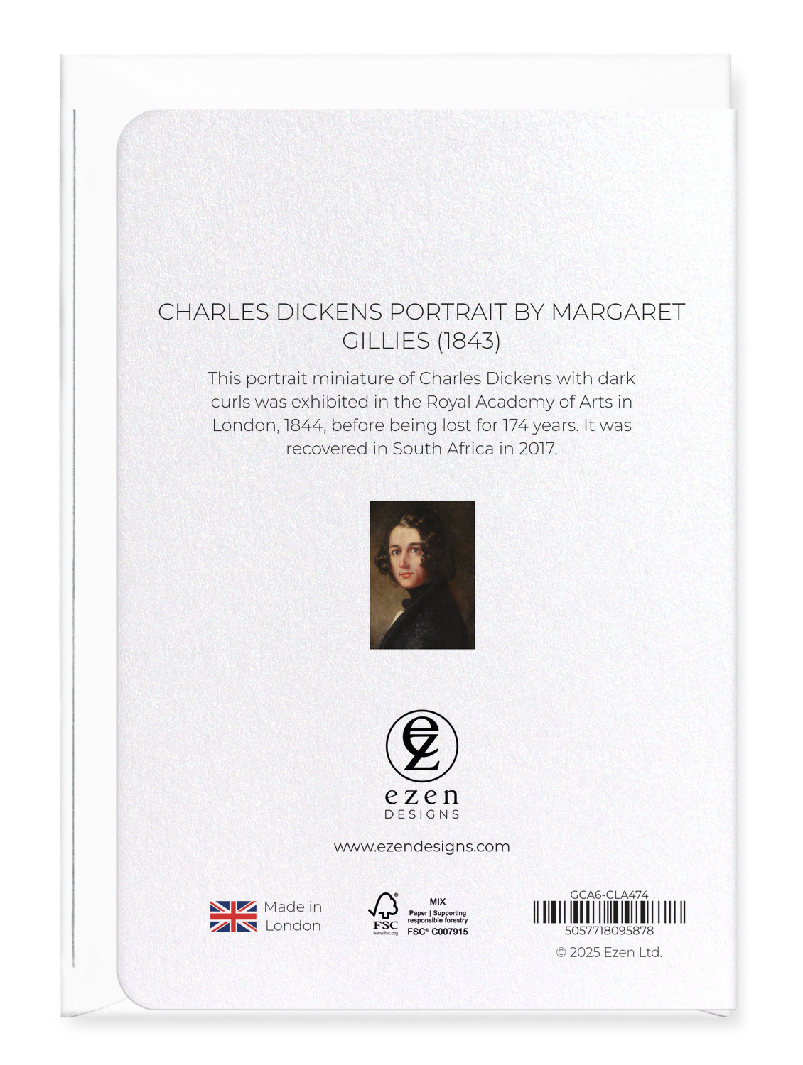 Ezen Designs - Charles Dickens Portrait by Margaret Gillies (1843) - Greeting Card - Back
