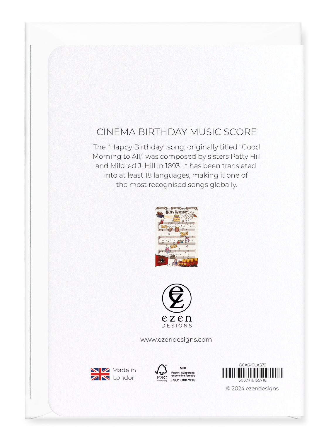 Ezen Designs - Cinema Birthday Music Score - Greeting Card - Back