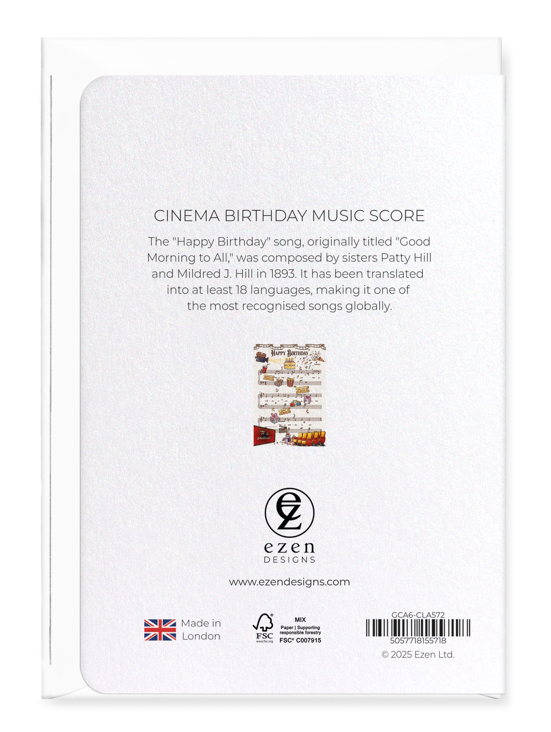 Ezen Designs - Cinema Birthday Music Score - Greeting Card - Back