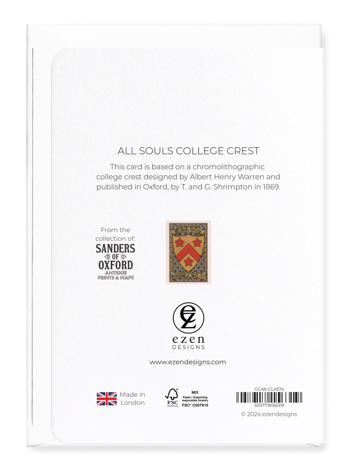 Ezen Designs - All Souls College Crest - Greeting Card - Back