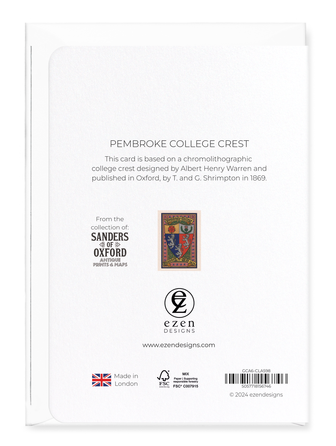 Ezen Designs - Pembroke College Crest - Greeting Card - Back