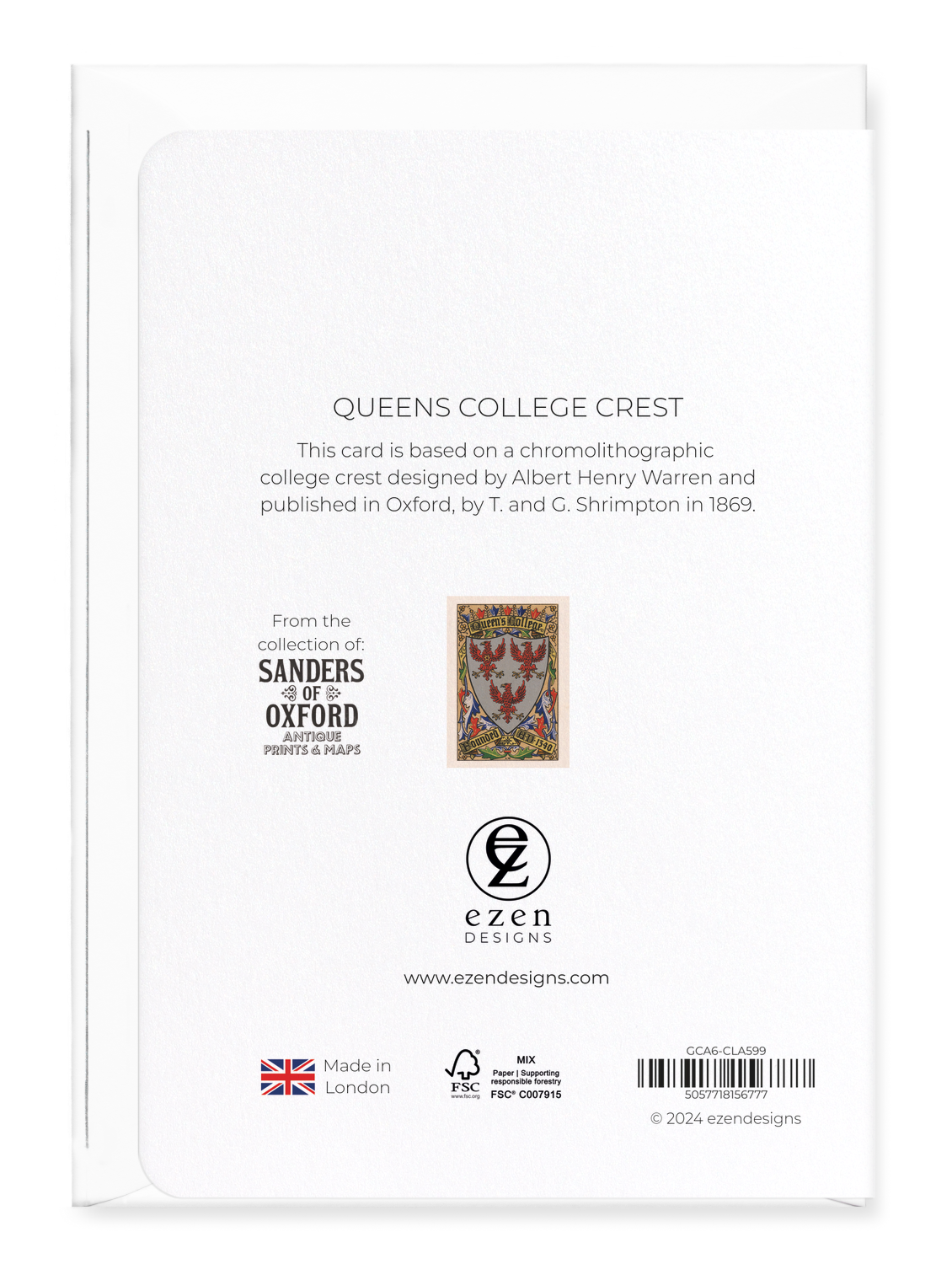 Ezen Designs - Queen's College Crest - Greeting Card - Back