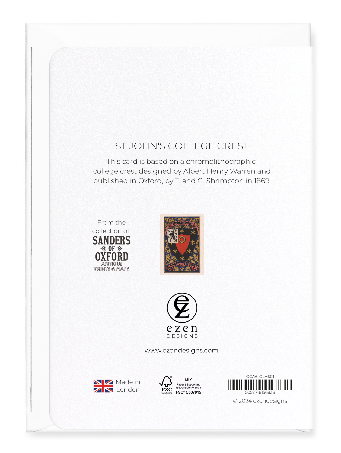 Ezen Designs - St John's College Crest - Greeting Card - Back