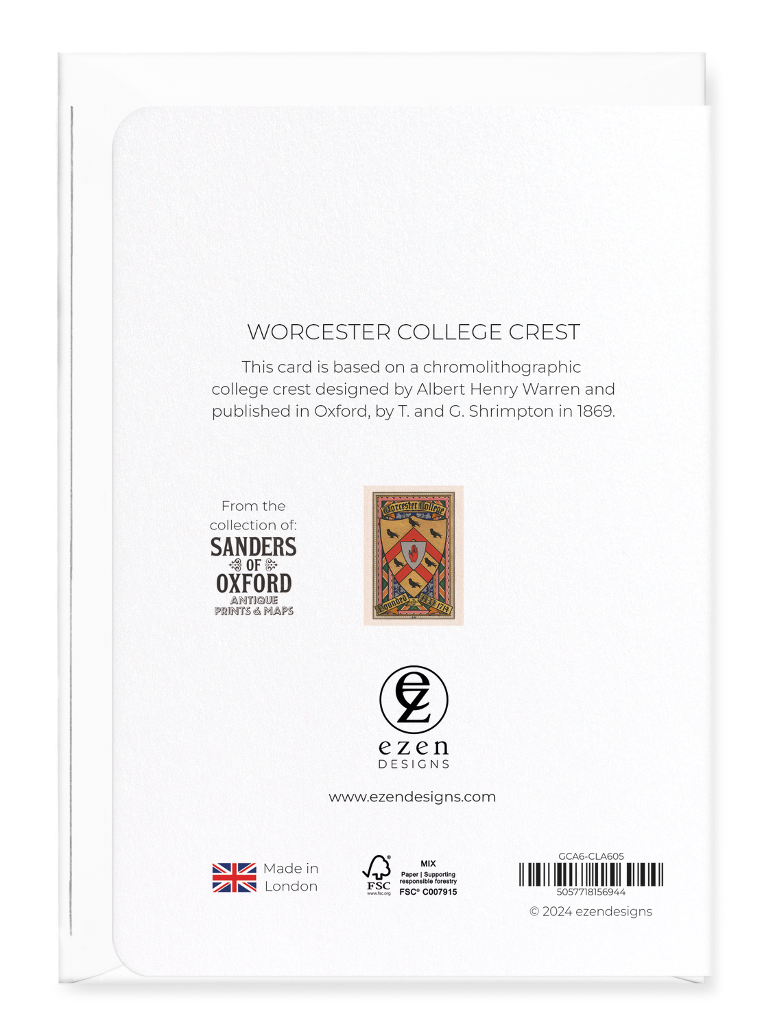 Ezen Designs - Worcester College Crest - Greeting Card - Back