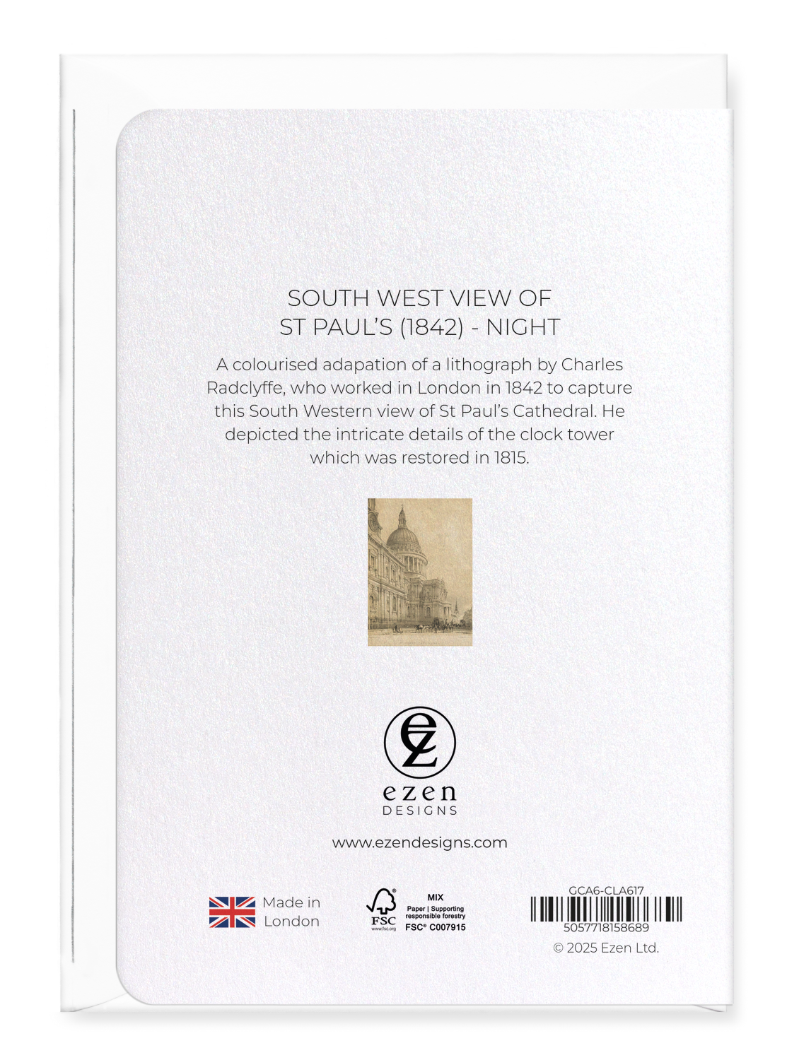 Ezen Designs - South West View of St Paul’s (1842) - Night - Greeting Card - Back