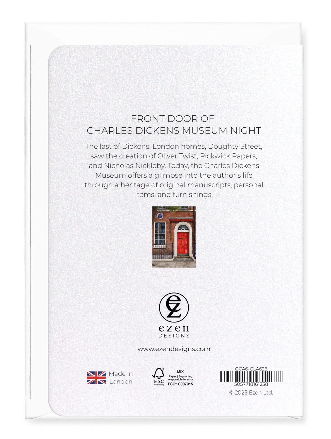 Ezen Designs - Front Door of Charles Dickens Museum Night - Greeting Card - Back