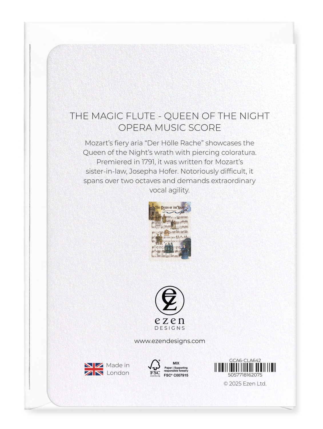 Ezen Designs - THE MAGIC FLUTE - QUEEN OF THE NIGHT - OPERA MUSIC SCORE - Greeting Card - Back