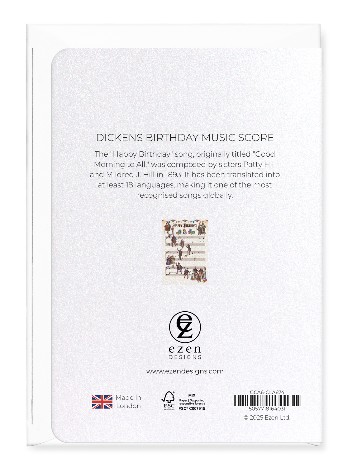 Ezen Designs - Dickens birthday music score - Greeting Card - Back