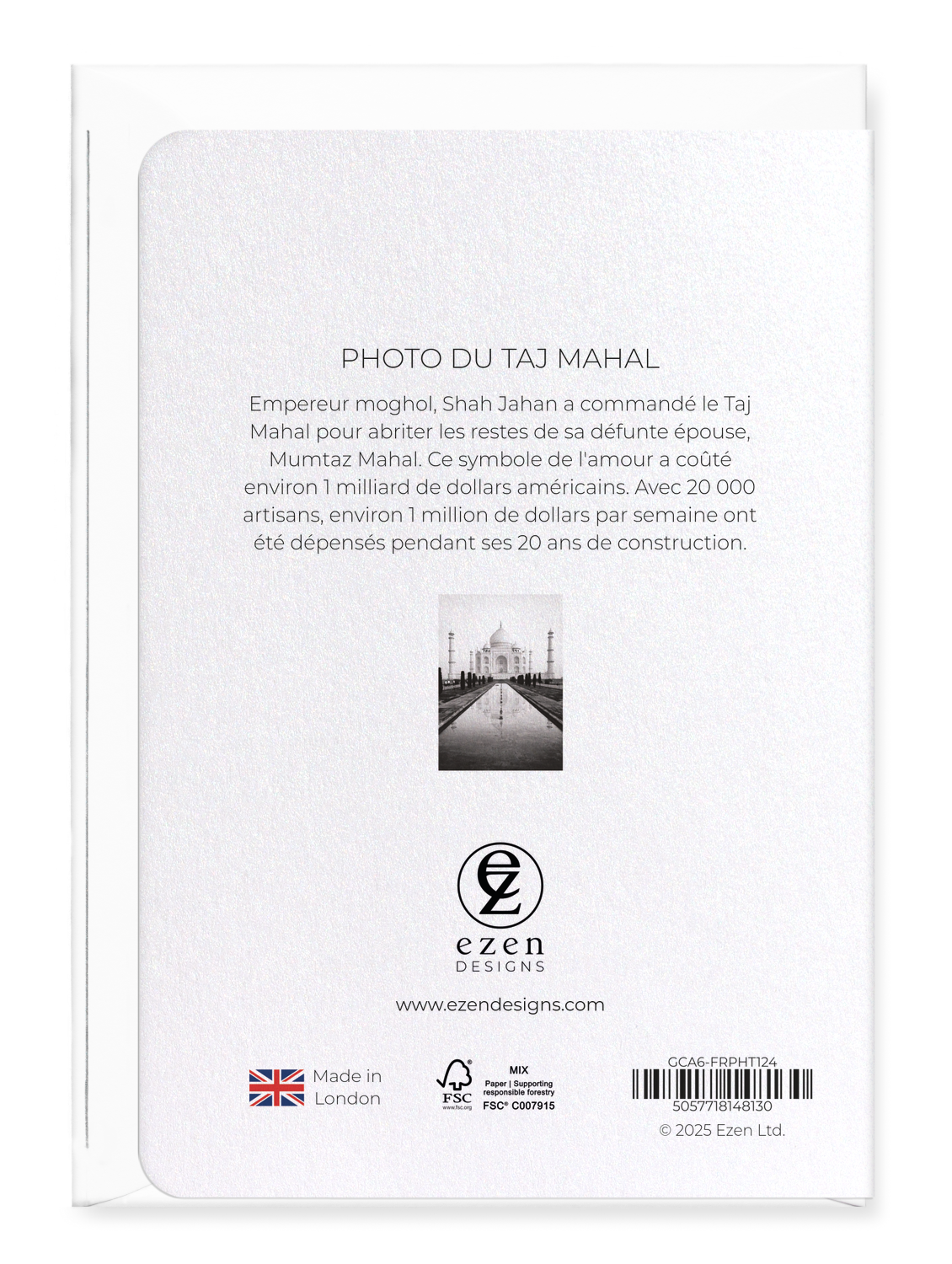 Ezen Designs - PHOTO DU TAJ MAHAL - Greeting Card - Back