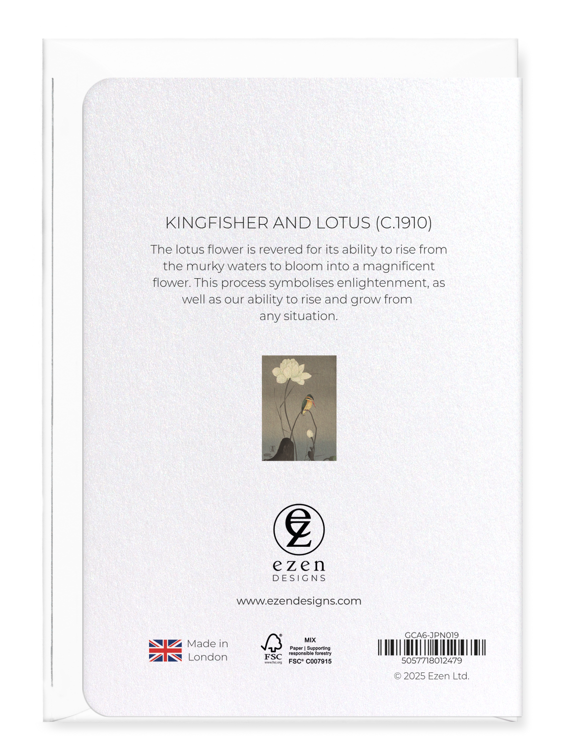 Ezen Designs - Kingfisher and lotus (c.1910) - Greeting Card - Back