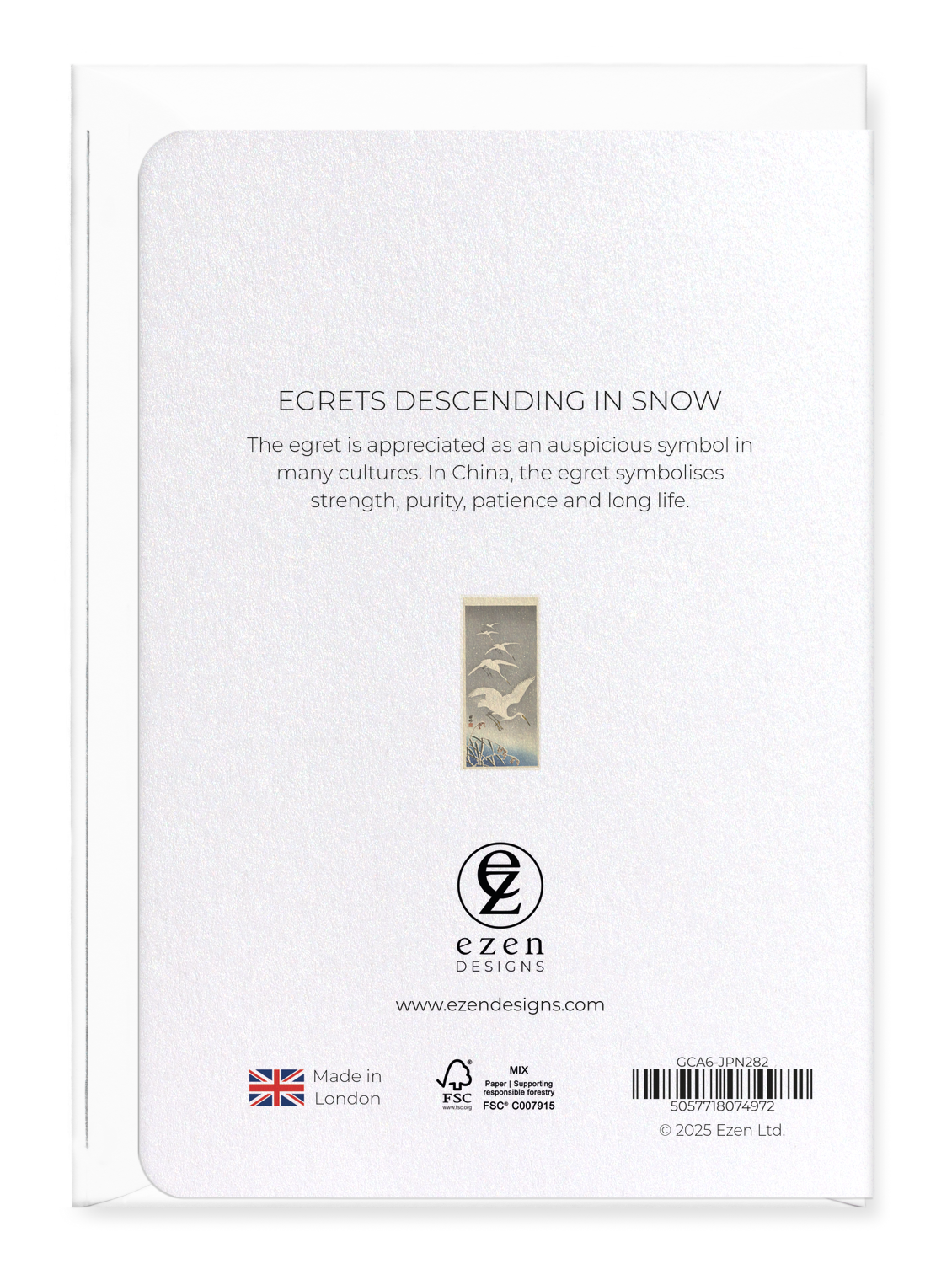 Ezen Designs - Egrets descending in snow - Greeting Card - Back