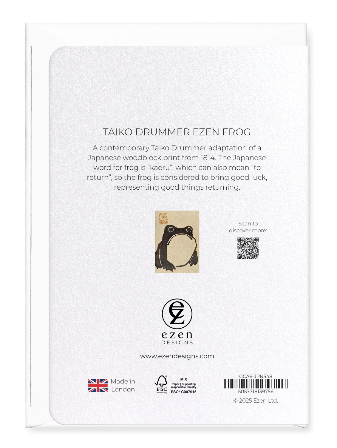 Ezen Designs - Taiko Drummer Ezen Frog - Greeting Card - Back