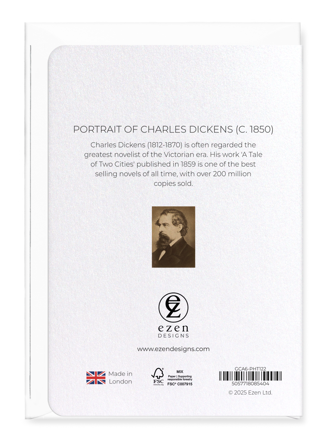 Ezen Designs - Portrait of Charles Dickens (c. 1850) - Greeting Card - Back