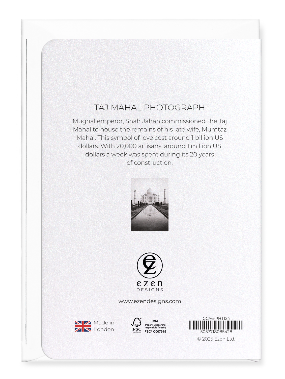 Ezen Designs - Taj Mahal Photograph - Greeting Card - Back