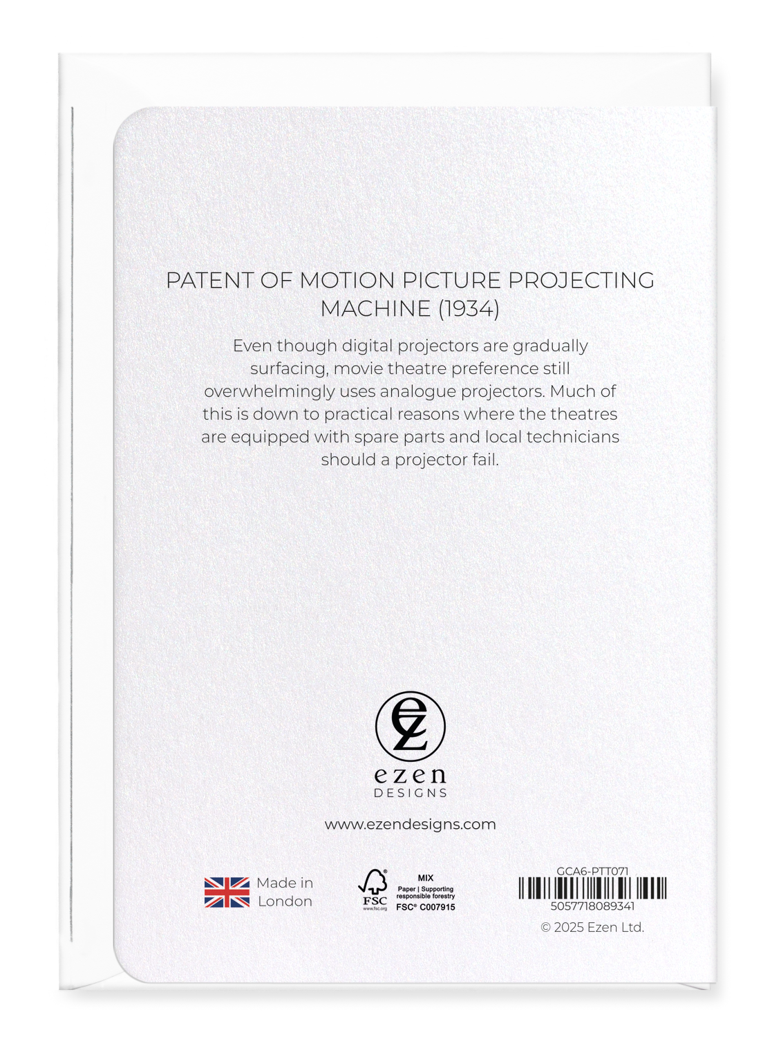Ezen Designs - Patent of motion picture projecting machine (1934) - Greeting Card - Back