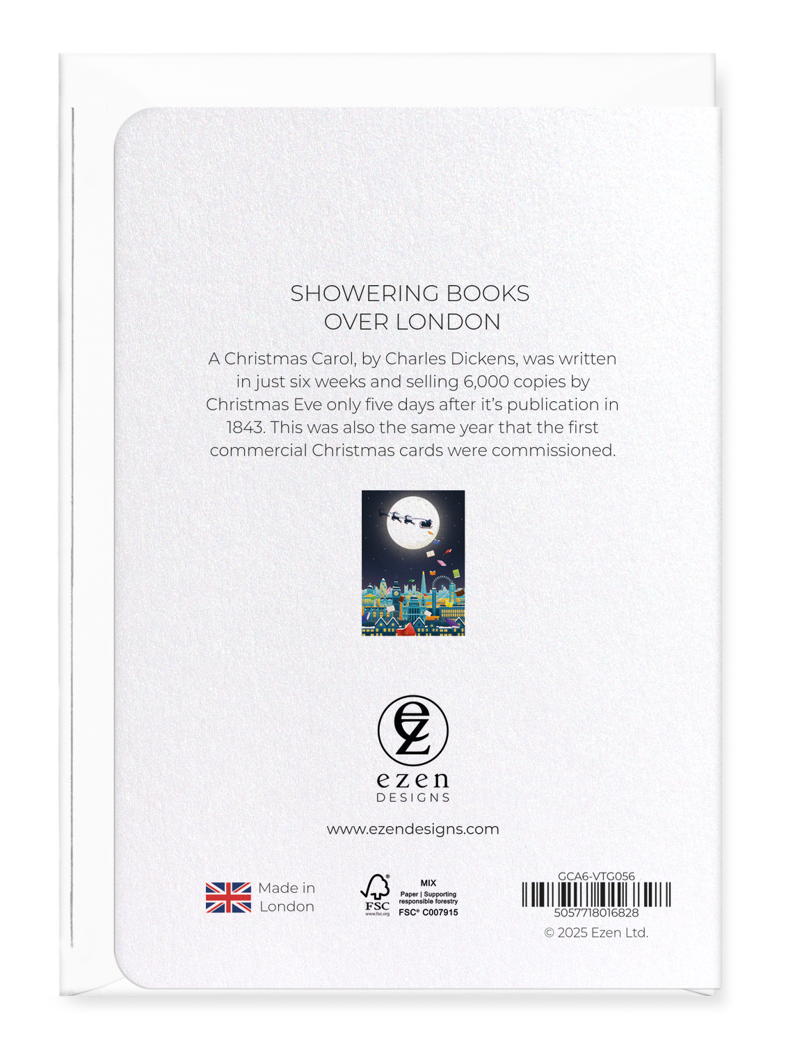 Ezen Designs - Showering books over London - Greeting Card - Back