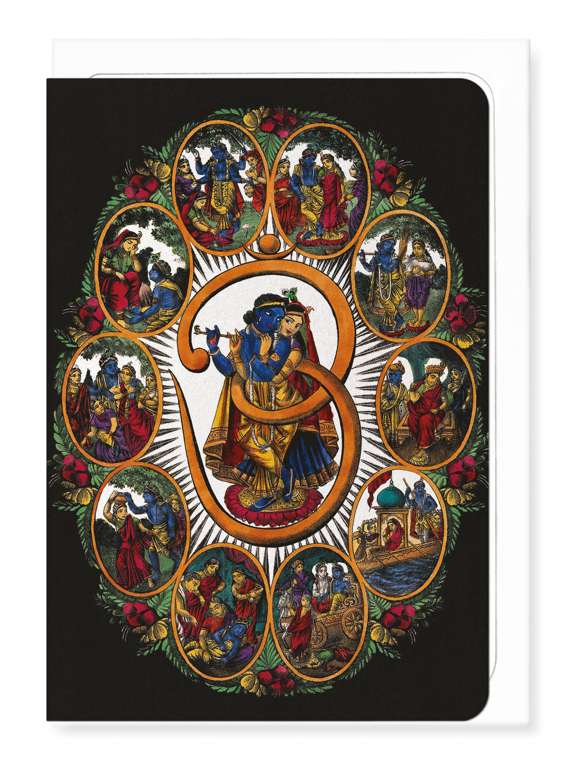Ezen Designs - Radha and Krishna within an "Om" - Greeting Card - Front