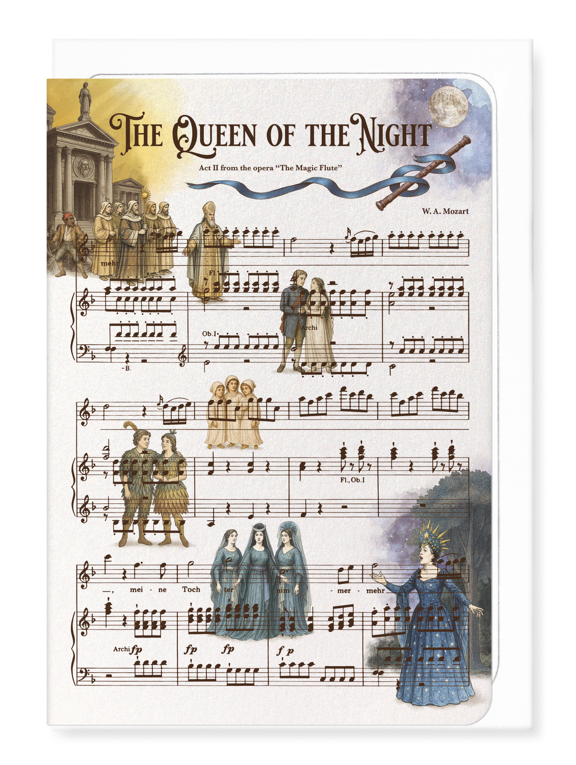 Ezen Designs - THE MAGIC FLUTE - QUEEN OF THE NIGHT - OPERA MUSIC SCORE - Greeting Card - Front
