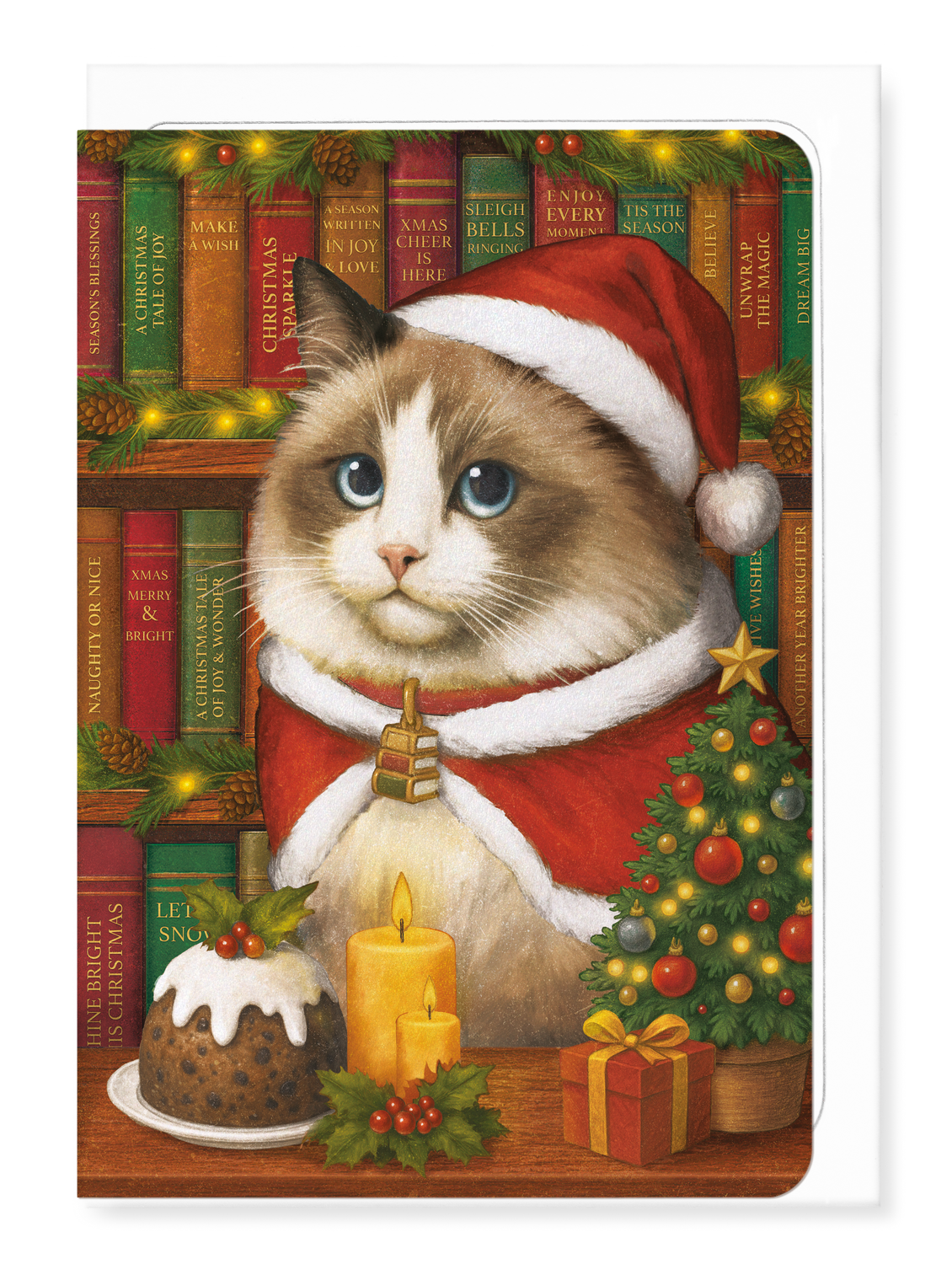 Ezen Designs - Christmas Cat and Books - Greeting Card - Front