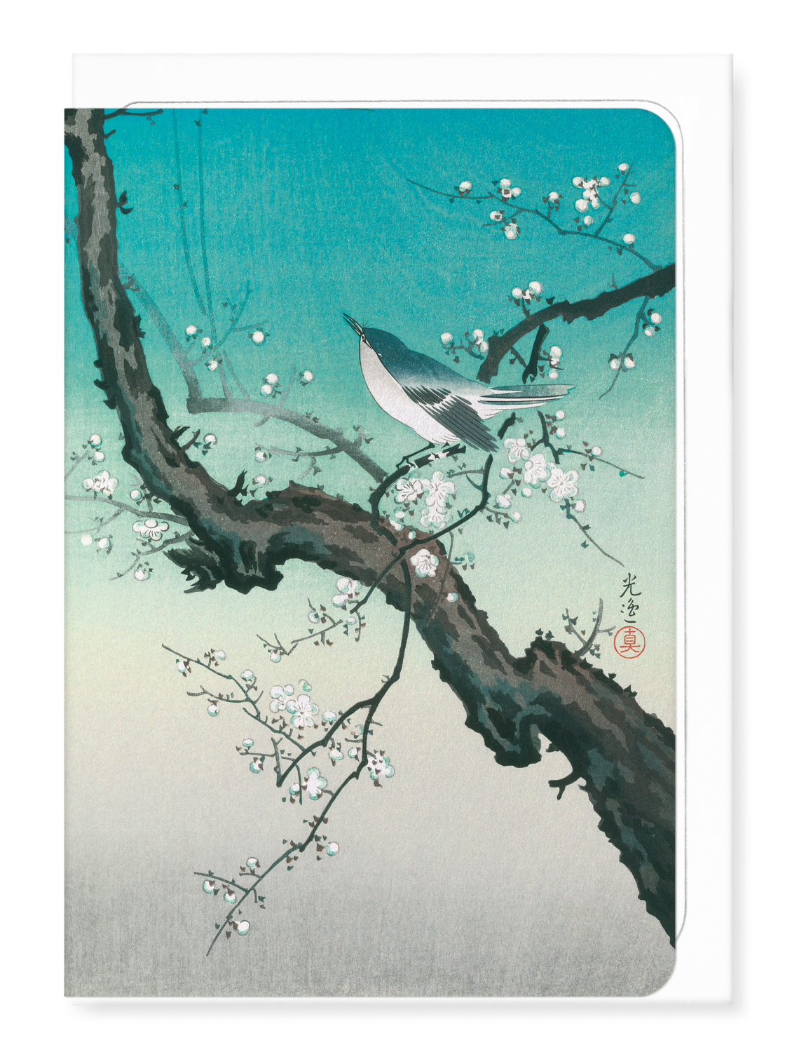 Ezen Designs - Bush warbler and plum blossoms - Greeting Card - Front