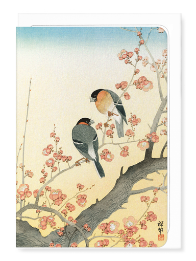Ezen Designs - BULLFINCHES AND PLUM BLOSSOMS (C.1900) - Greeting Card - Front