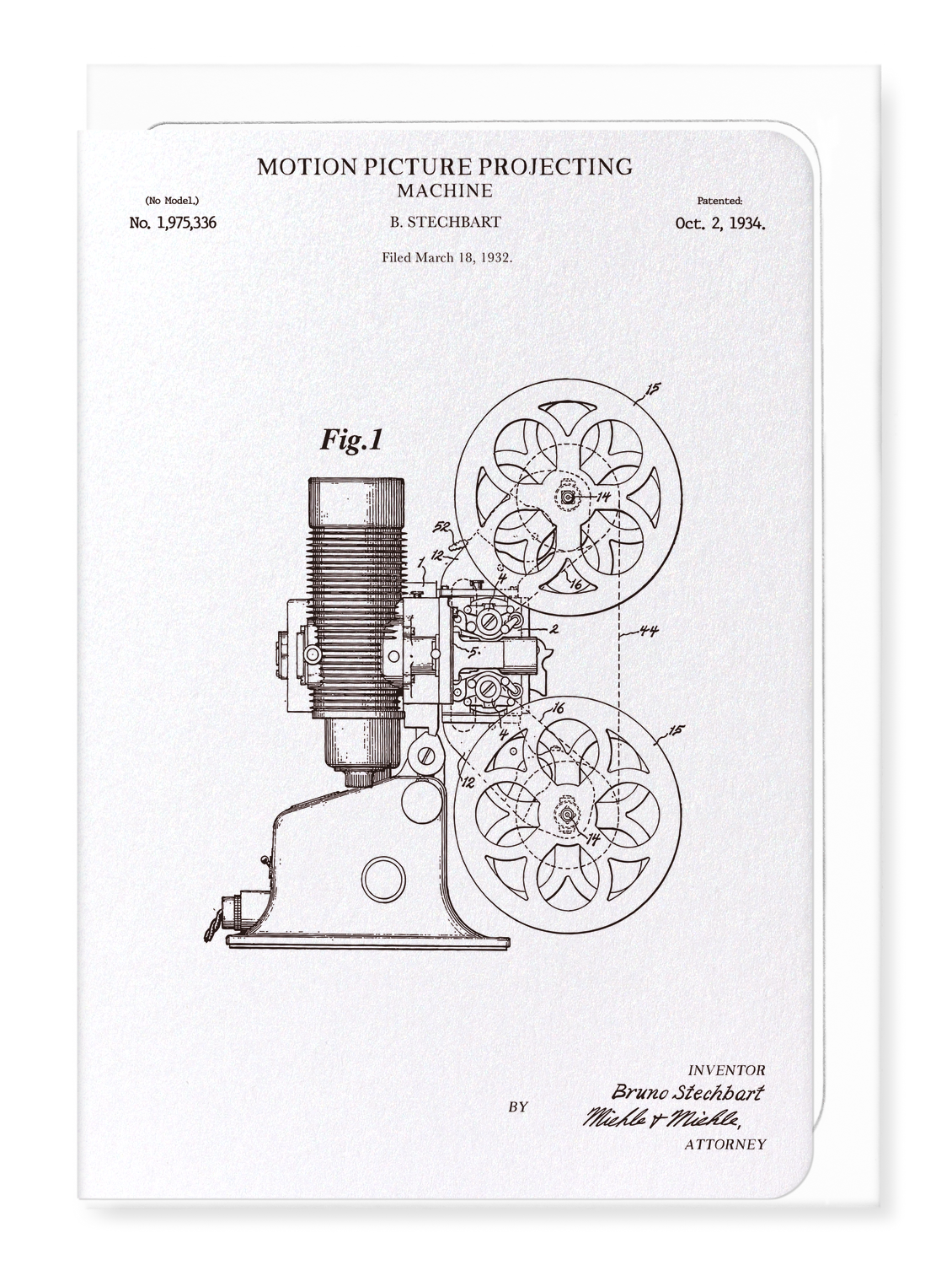 Ezen Designs - Patent of motion picture projecting machine (1934) - Greeting Card - Front