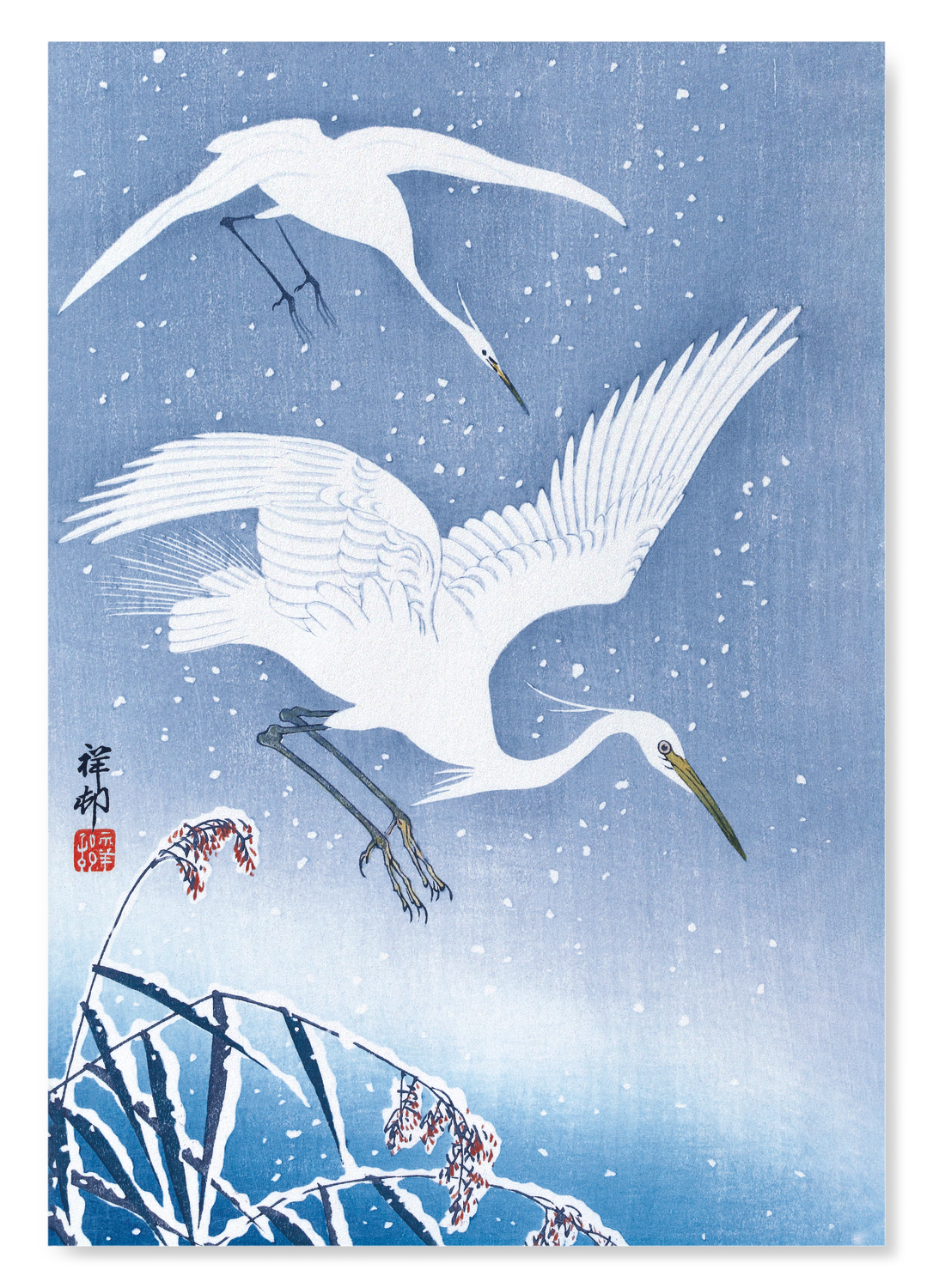 EGRETS DESCENDING IN SNOW