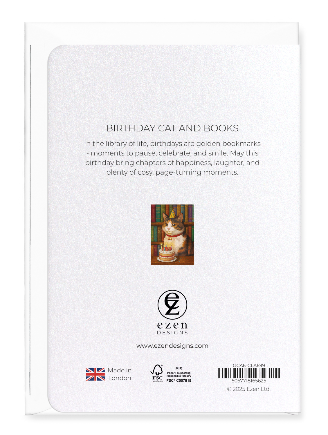 Ezen - Birthday Cat and Books - Greeting Card - Back