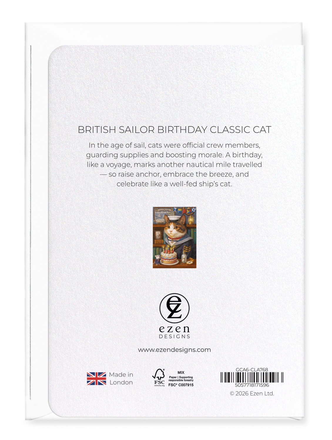 Ezen - British Sailor Birthday Classic Cat - Greeting Card - Back