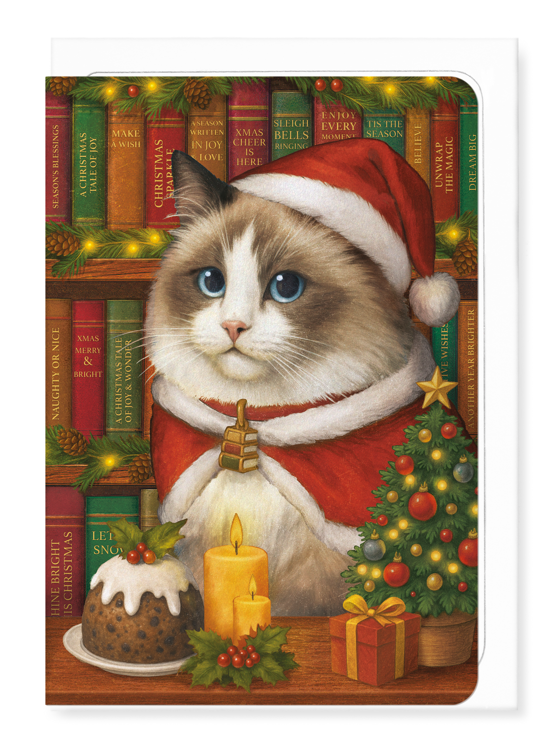 Ezen - Christmas Cat and Books - Greeting Card - Front