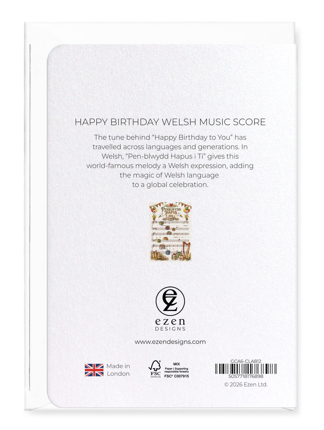 Ezen - Happy Birthday Welsh Music Score - Greeting Card - Back