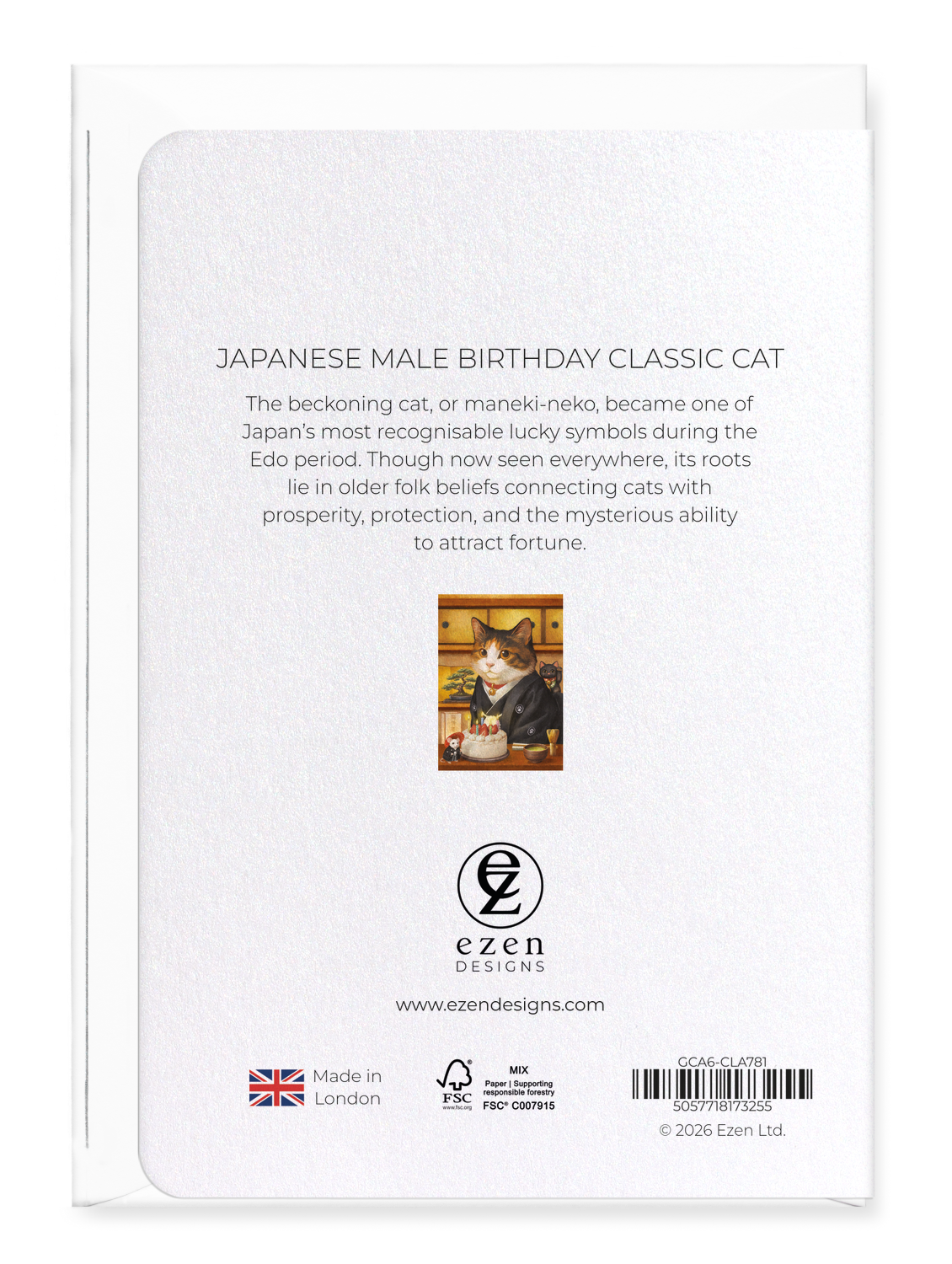 Ezen - Japanese male Birthday Classic Cat - Greeting Card - Back