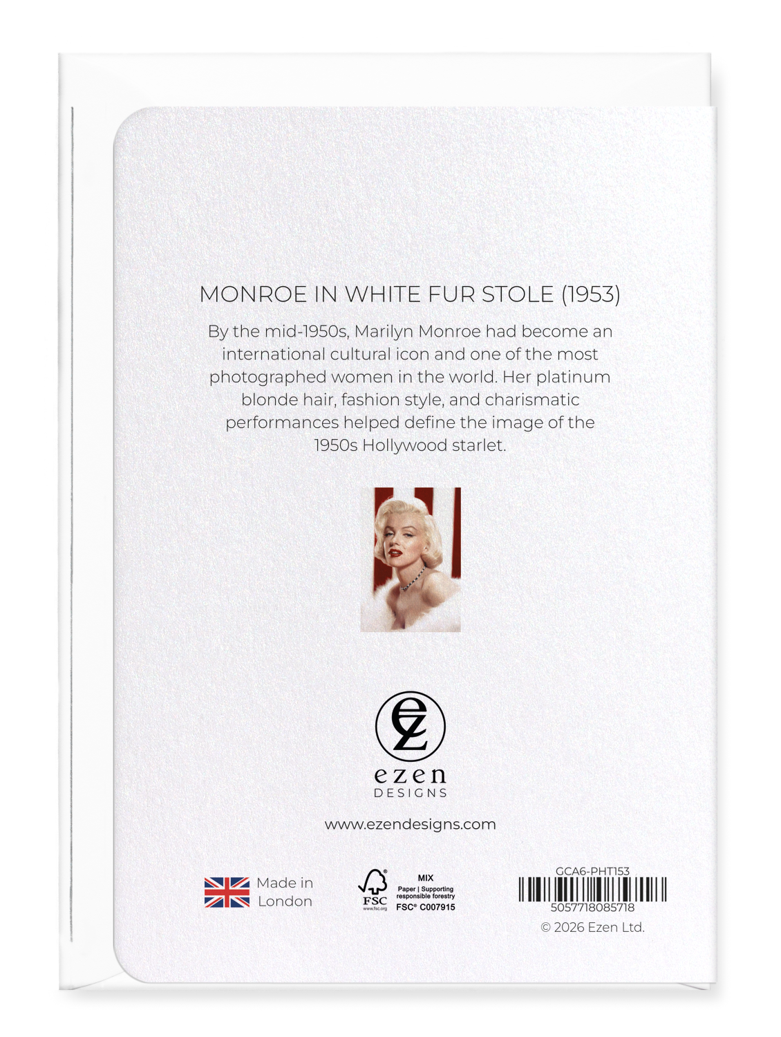 Ezen - Monroe in white fur stole (1953) - Greeting Card - Back