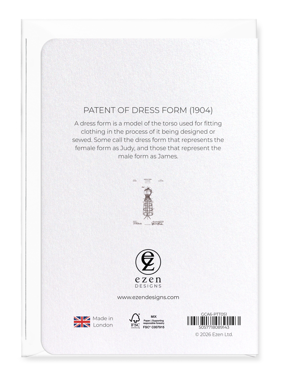 Ezen - Patent of dress form (1904) - Greeting Card - Back