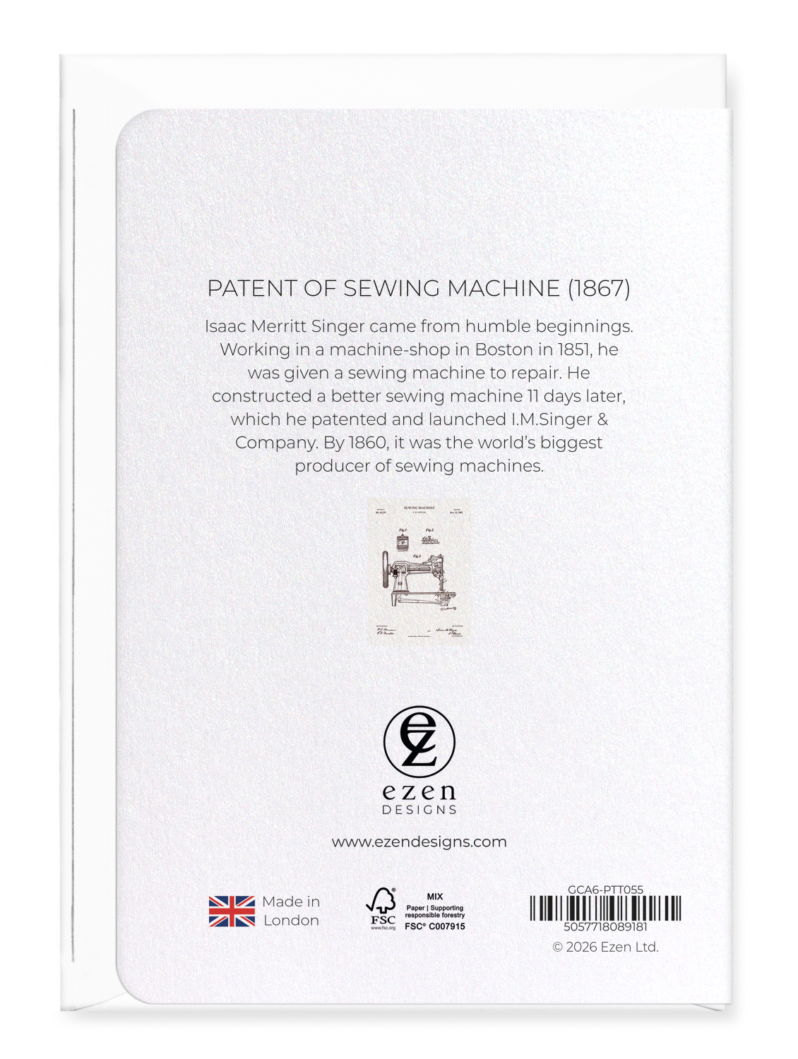 Ezen - Patent of sewing machine (1867) - Greeting Card - Back