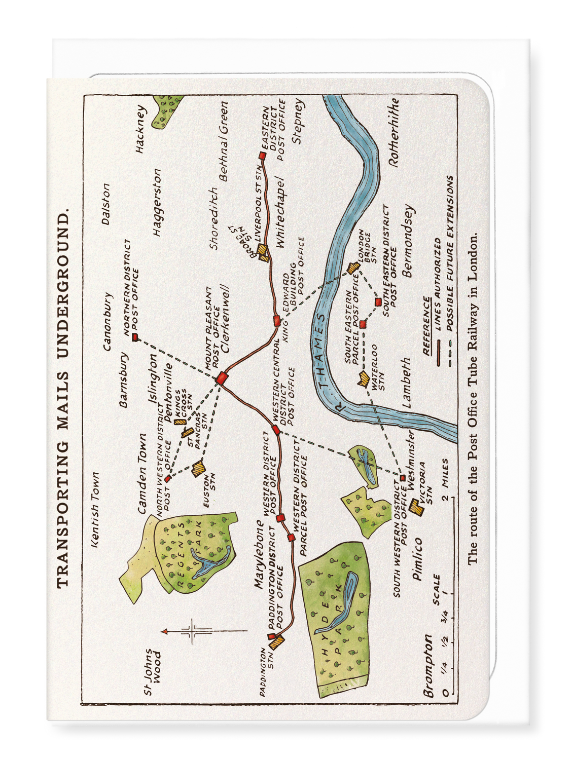Ezen - ROUTE OF THE POST OFFICE TUBE RAILWAY IN LONDON (1929) - Greeting Card - Front
