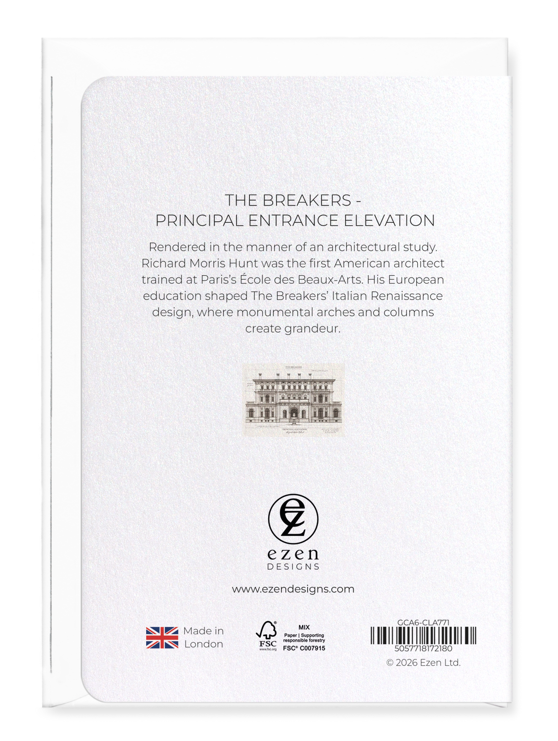 Ezen - The Breakers - Principal Entrance Elevation - Greeting Card - Back