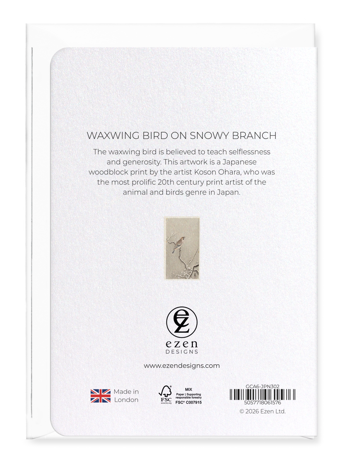 Ezen - Waxwing bird on snowy branch - Greeting Card - Back