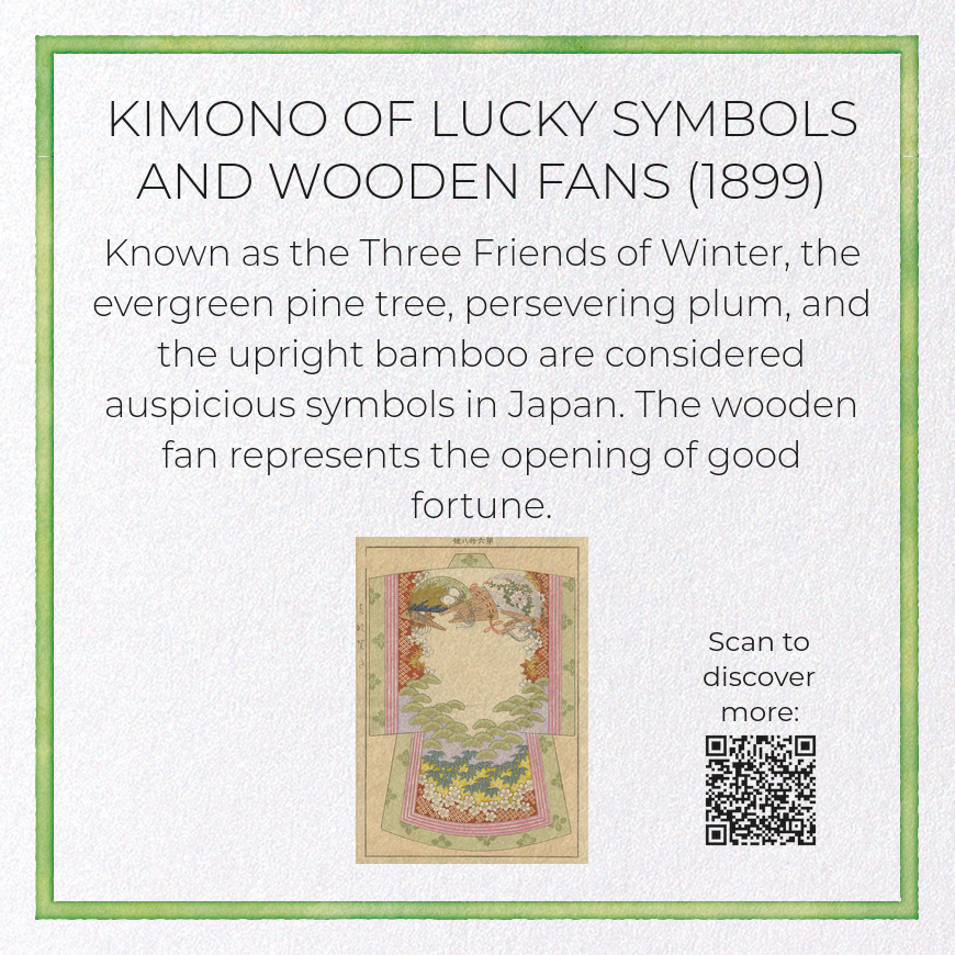 KIMONO OF LUCKY SYMBOLS AND WOODEN FANS (1899)