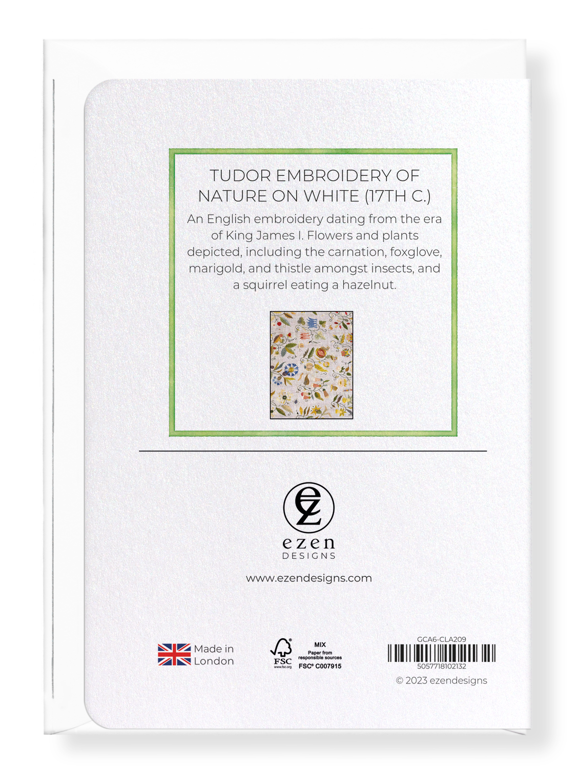 Ezen Designs - Tudor Embroidery of Nature on White (17th C.) - Greeting Card - Back