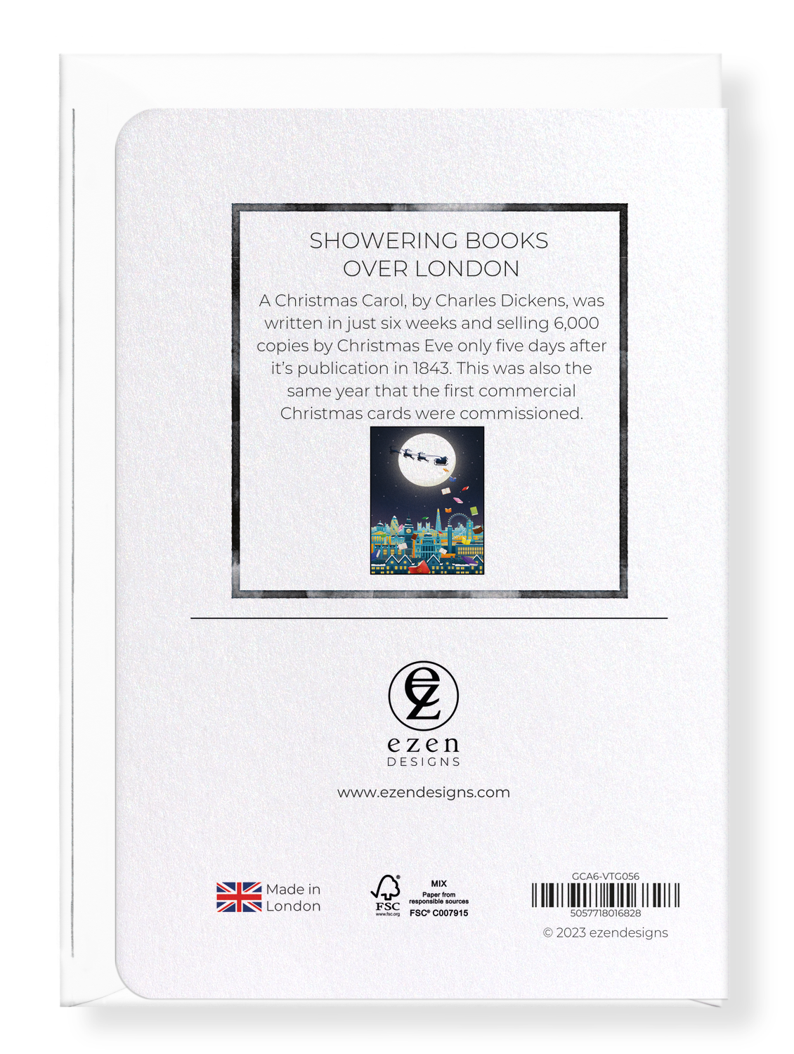 Ezen Designs - Showering books over London - Greeting Card - Back