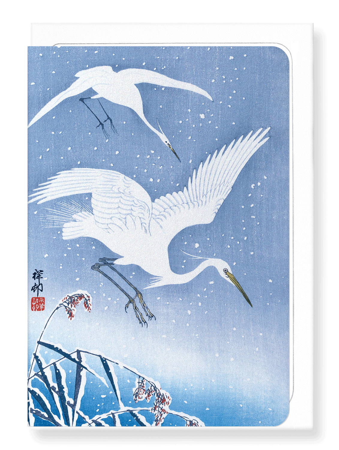 Ezen Designs - Egrets descending in snow - Greeting Card - Front