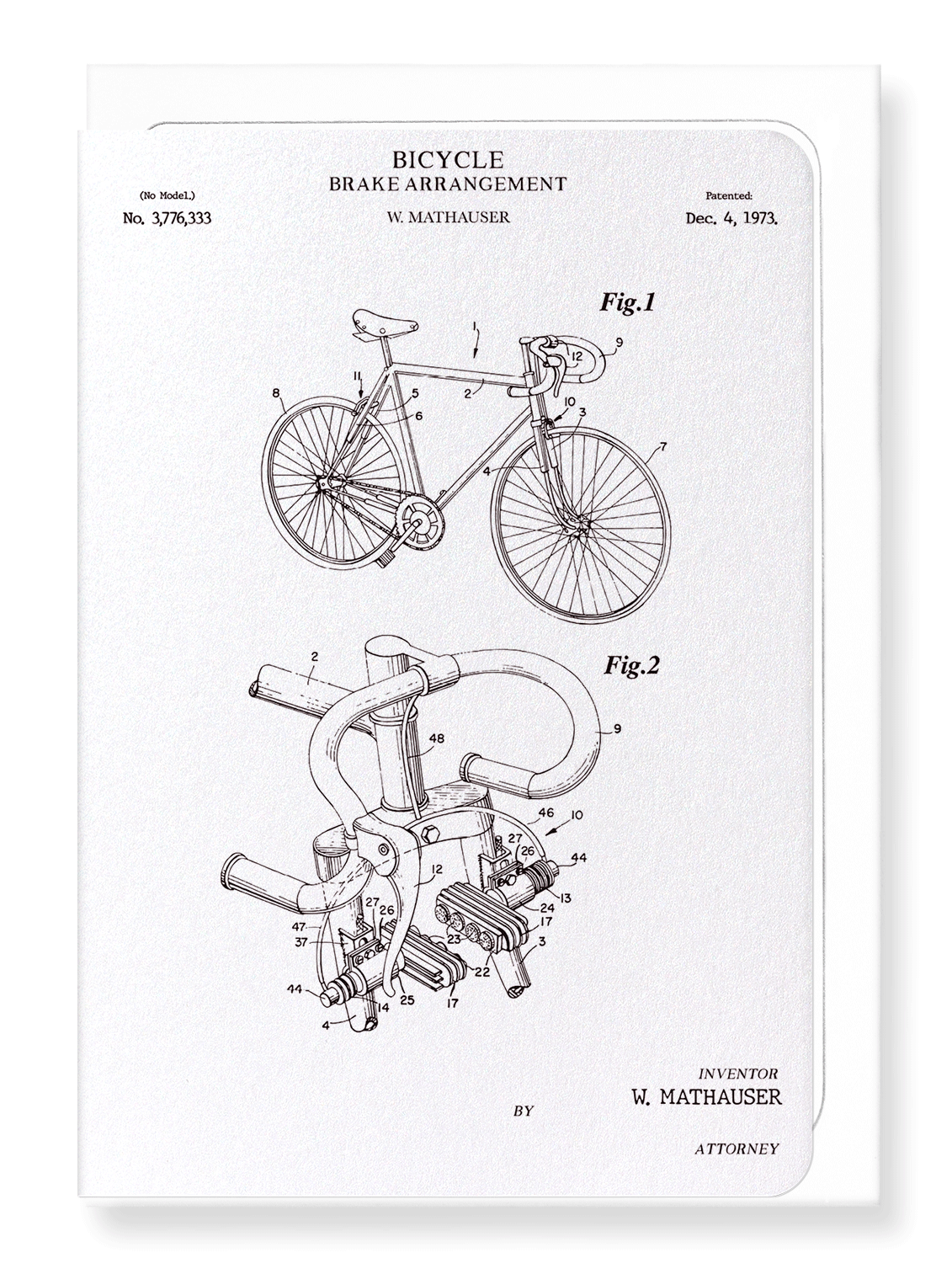 Ezen Designs - Patent of bicycle brake arrangement (1973) - Greeting Card - Front