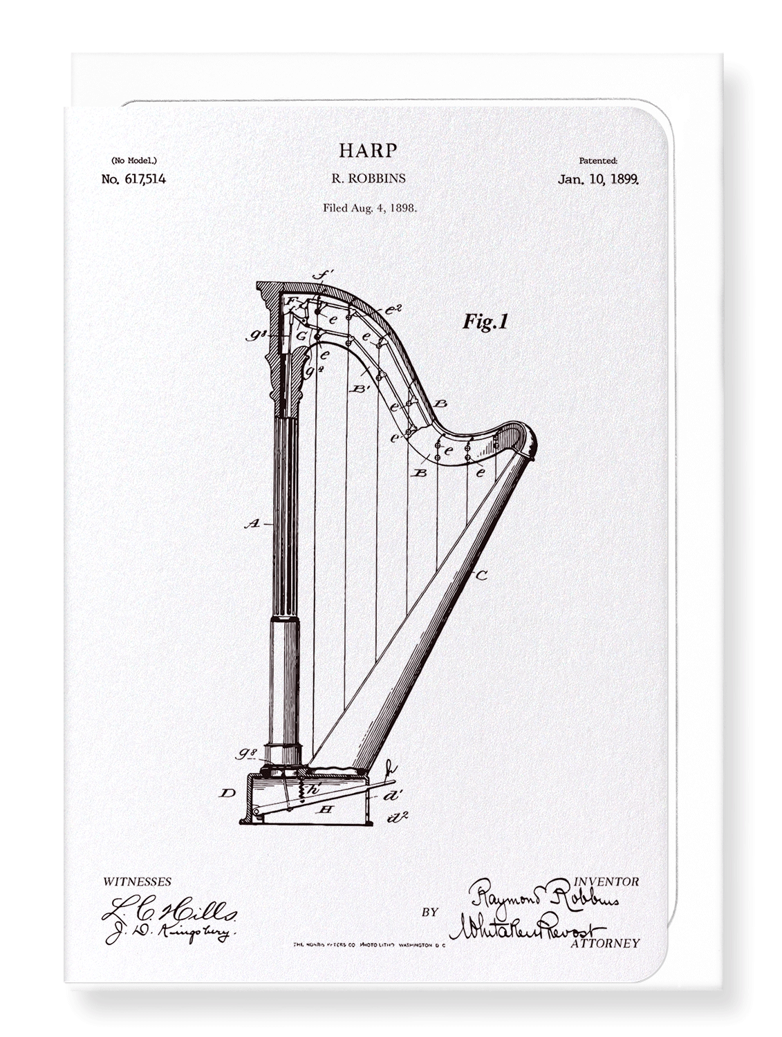 Ezen Designs - Patent of harp (1899) - Greeting Card - Front