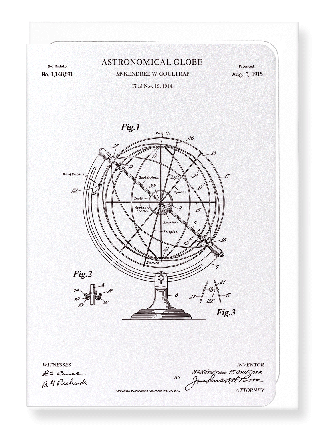Ezen Designs - Patent of astronomical globe (1915) - Greeting Card - Front