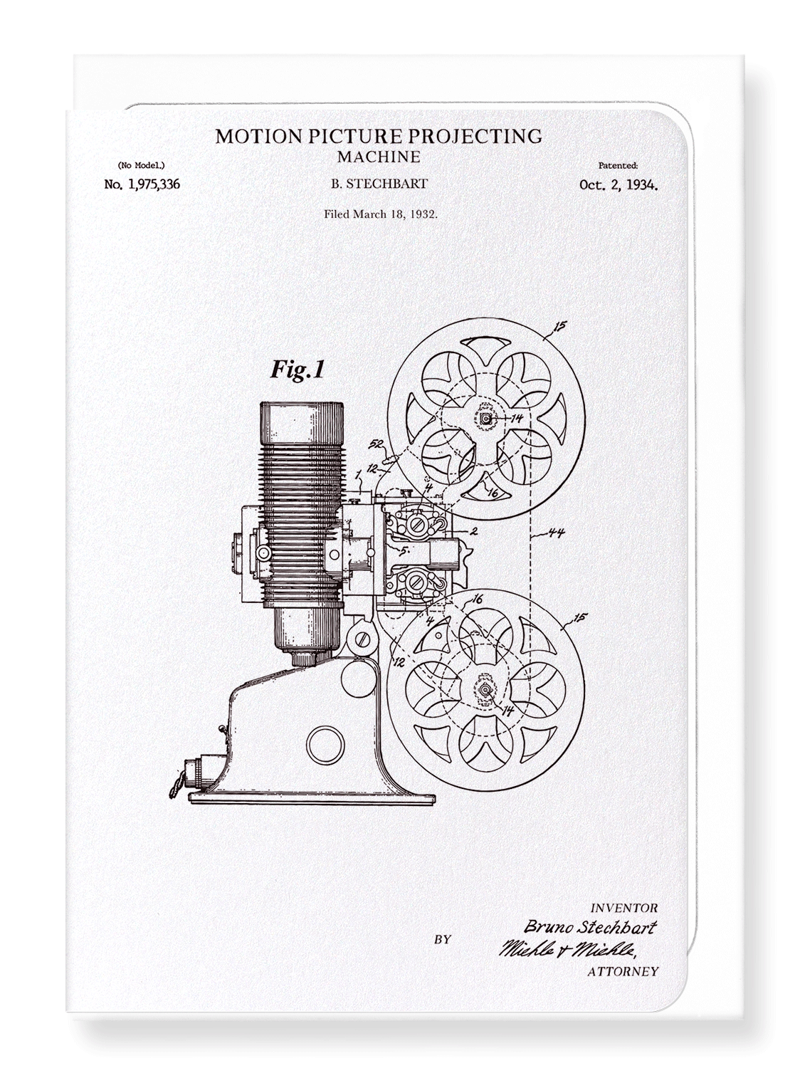 Ezen Designs - Patent of motion picture projecting machine (1934) - Greeting Card - Front