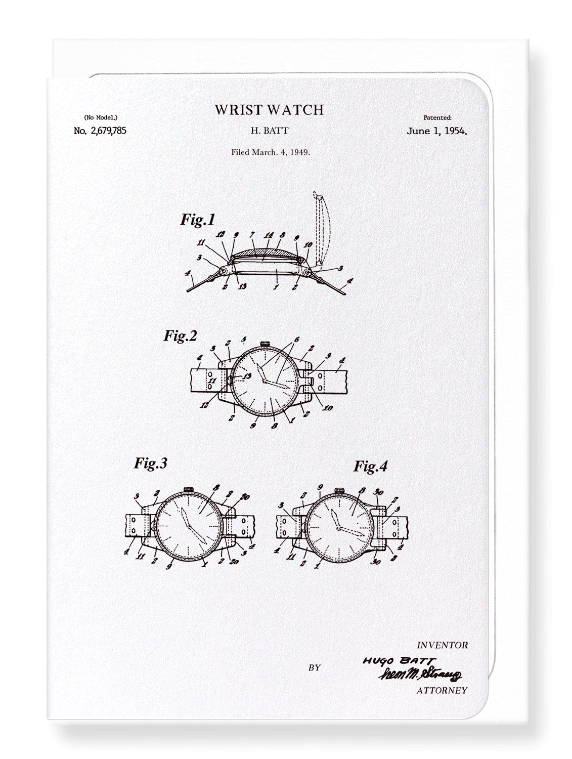 Ezen Designs - Patent of wristwatch (1954) - Greeting Card - Front