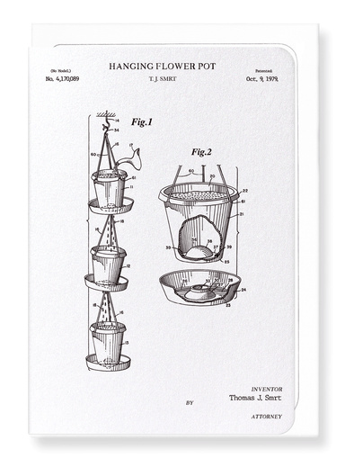 Ezen Designs - Patent of hanging flower pot (1979) - Greeting Card - Front